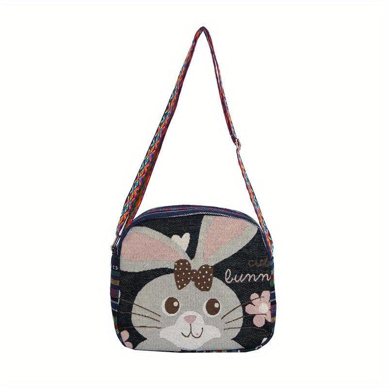 Women's Ethnic Style Canvas Crossbody Bag with Cartoon Pattern Large Capacity