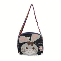 Women's Ethnic Style Canvas Crossbody Bag with Cartoon Pattern Large Capacity