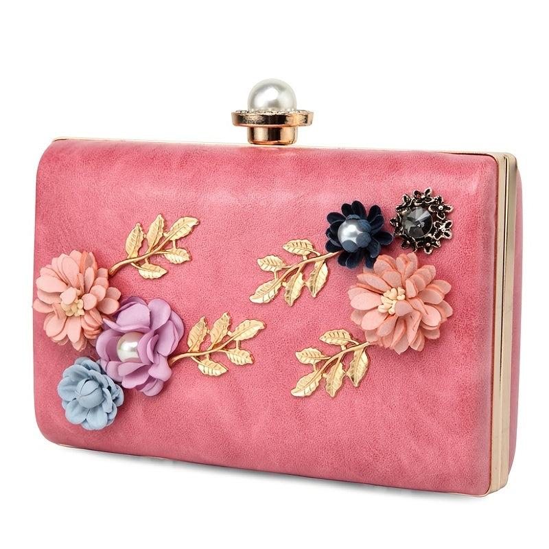 Floral Decor Clutch Bag Faux Pearl Box Purse for Party & Wedding
