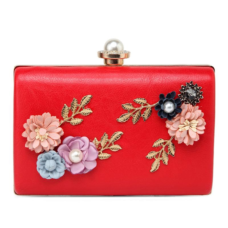 Floral Decor Clutch Bag Faux Pearl Box Purse for Party & Wedding