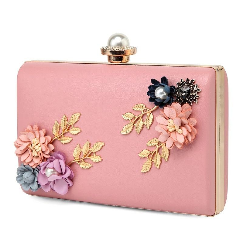 Floral Decor Clutch Bag Faux Pearl Box Purse for Party & Wedding