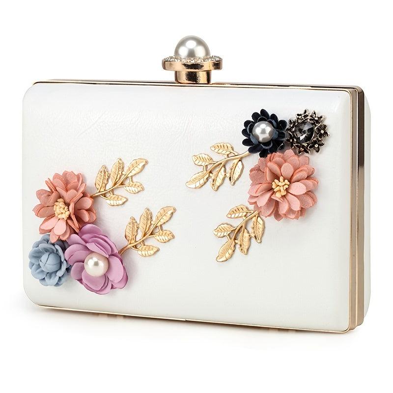 Floral Decor Clutch Bag Faux Pearl Box Purse for Party & Wedding