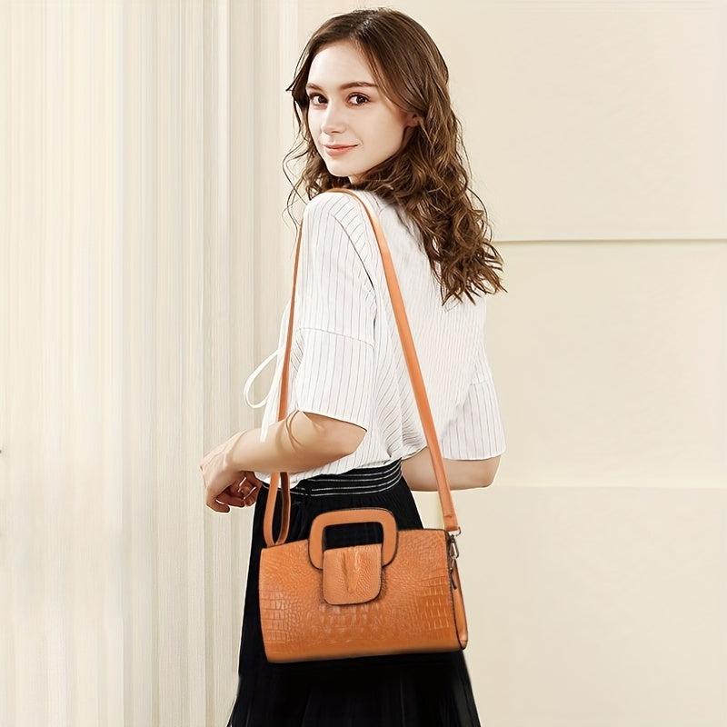 Crocodile Embossed Leather Handbag Stylish Large Capacity Zipper Purse
