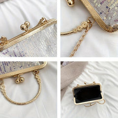 Sequin Glitter Metal Chain Clutch Elegant Textured PU Leather Frame Purse