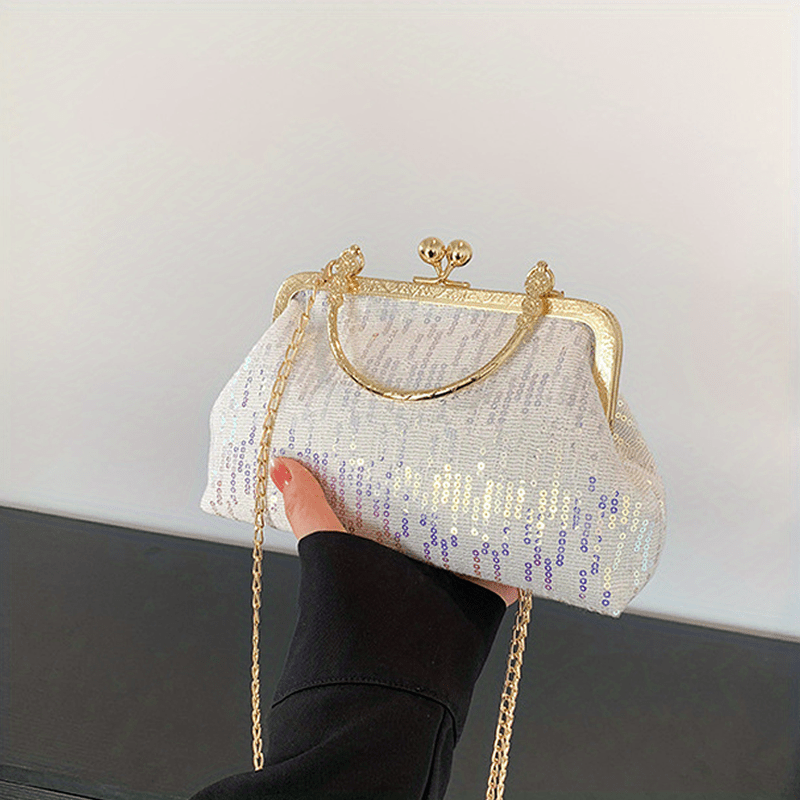 Sequin Glitter Metal Chain Clutch Elegant Textured PU Leather Frame Purse