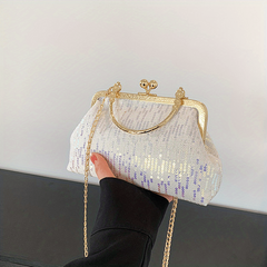 Sequin Glitter Metal Chain Clutch Elegant Textured PU Leather Frame Purse