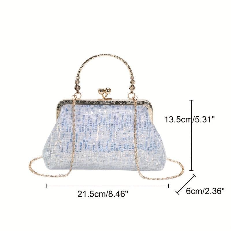 Sequin Glitter Metal Chain Clutch Elegant Textured PU Leather Frame Purse