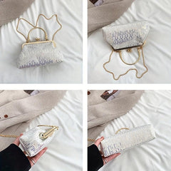 Sequin Glitter Metal Chain Clutch Elegant Textured PU Leather Frame Purse