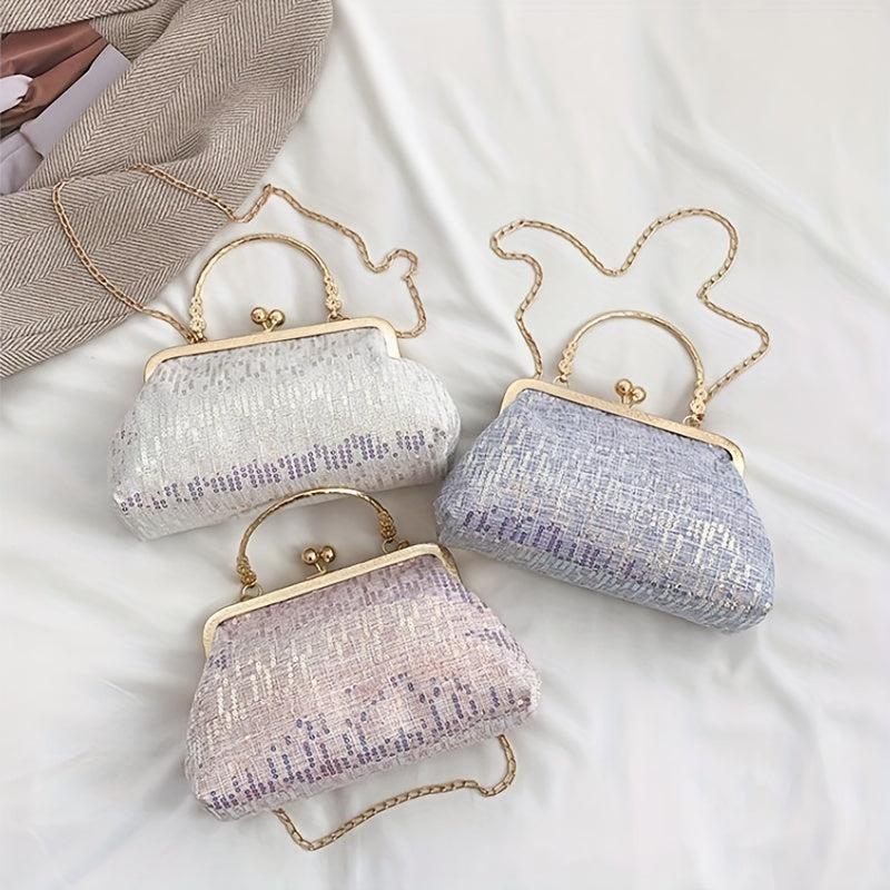 Sequin Glitter Metal Chain Clutch Elegant Textured PU Leather Frame Purse