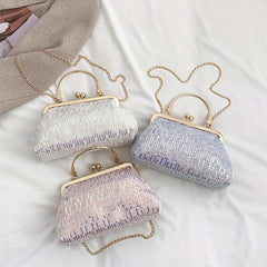 Sequin Glitter Metal Chain Clutch Elegant Textured PU Leather Frame Purse