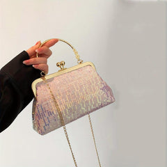 Sequin Glitter Metal Chain Clutch Elegant Textured PU Leather Frame Purse