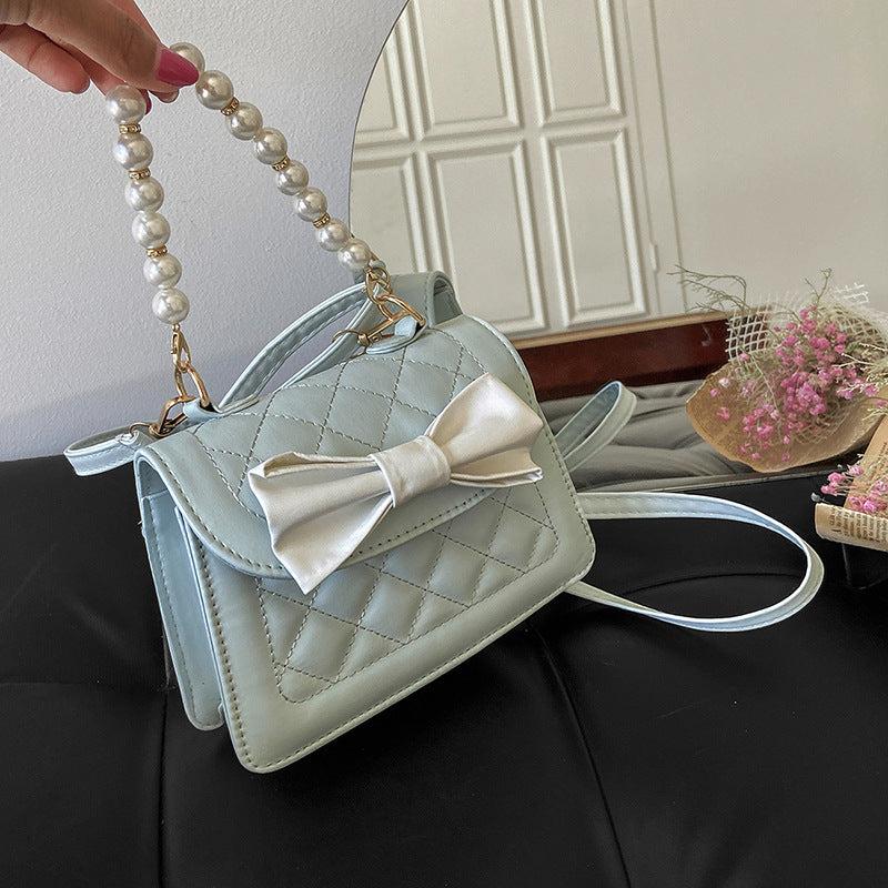Mini Quilted Bow Decor Handbag Pearl Flap Purse Evening & Dinner Bag