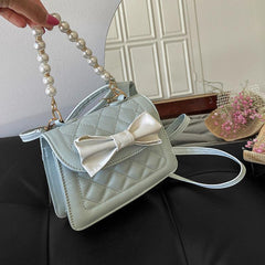 Mini Quilted Bow Decor Handbag Pearl Flap Purse Evening & Dinner Bag