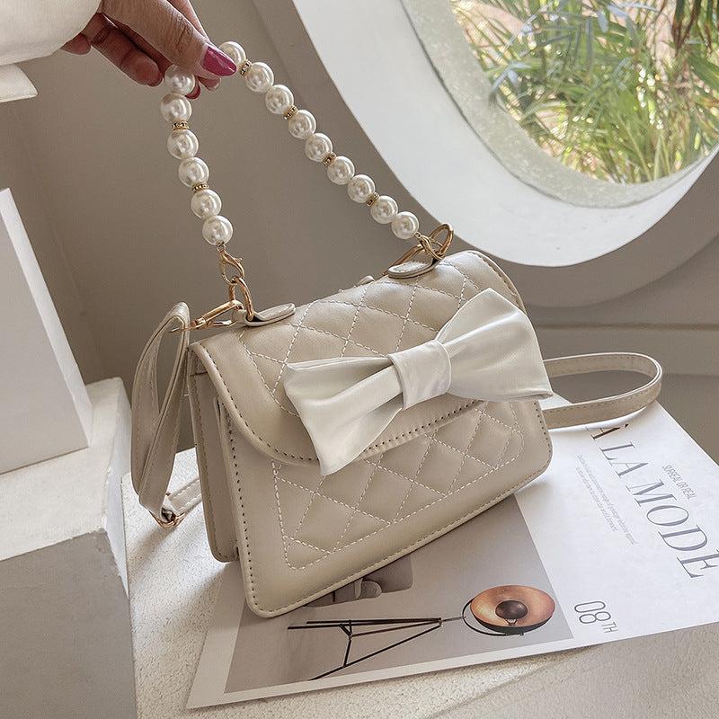 Mini Quilted Bow Decor Handbag Pearl Flap Purse Evening & Dinner Bag