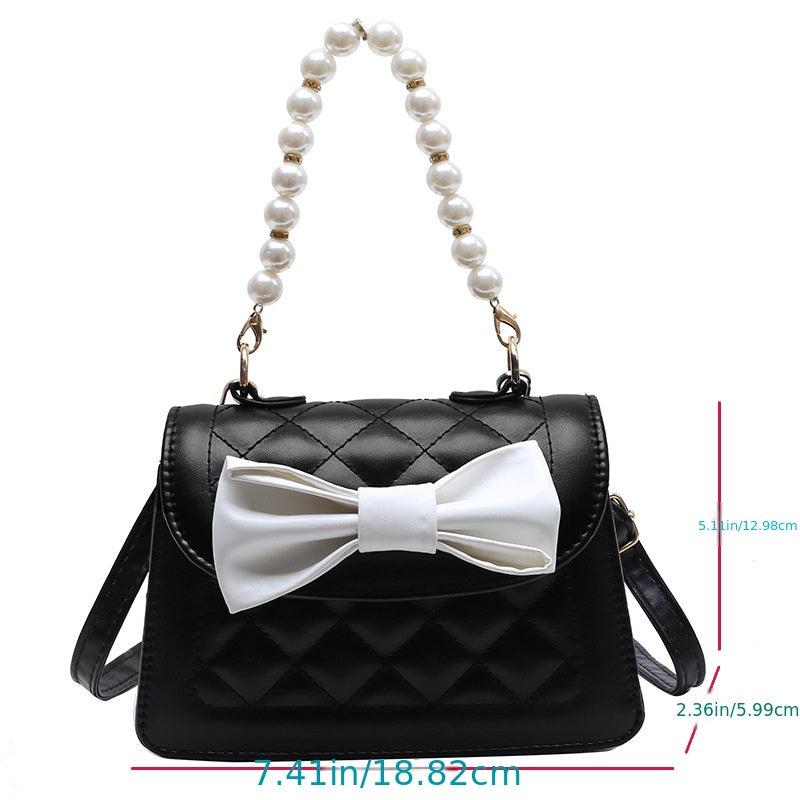 Mini Quilted Bow Decor Handbag Pearl Flap Purse Evening & Dinner Bag