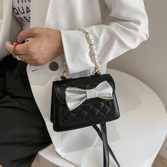 Mini Quilted Bow Decor Handbag Pearl Flap Purse Evening & Dinner Bag