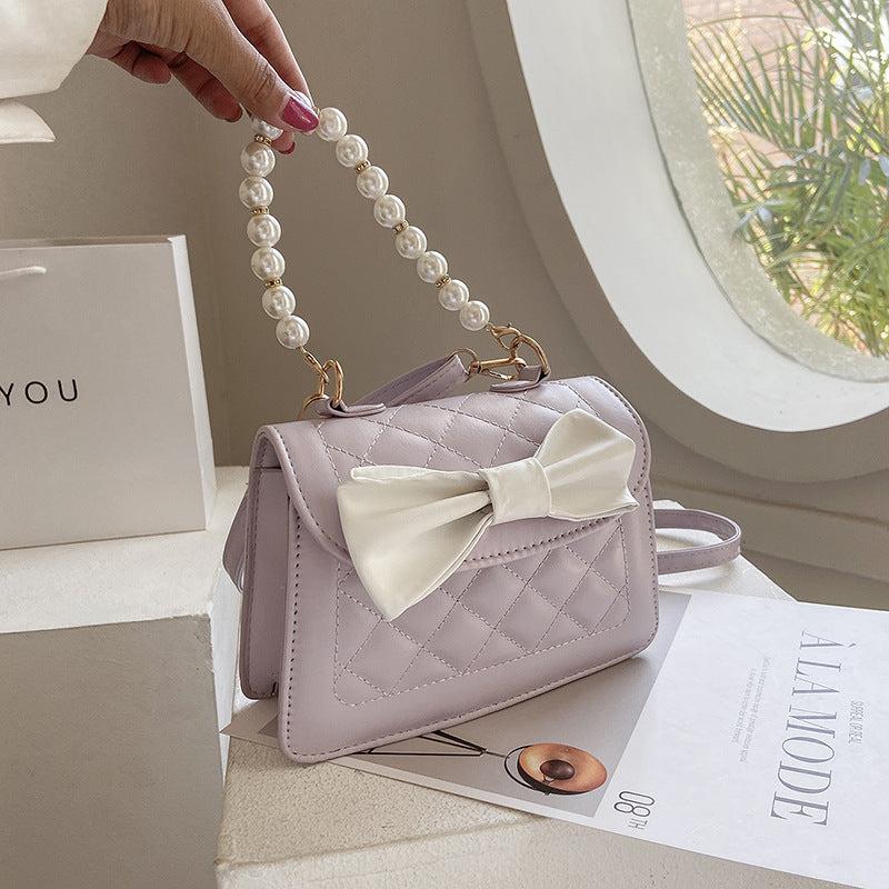 Mini Quilted Bow Decor Handbag Pearl Flap Purse Evening & Dinner Bag