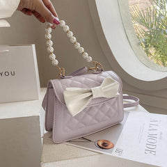 Mini Quilted Bow Decor Handbag Pearl Flap Purse Evening & Dinner Bag