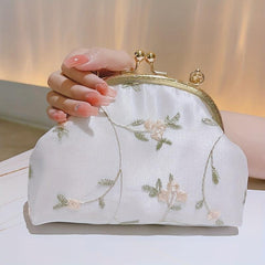 Floral Embroidery Event Clutch Bag Kiss Lock Metal Chain Handbag