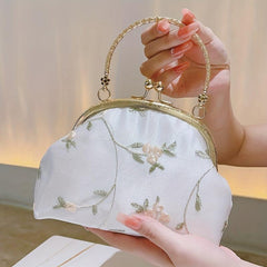 Floral Embroidery Event Clutch Bag Kiss Lock Metal Chain Handbag