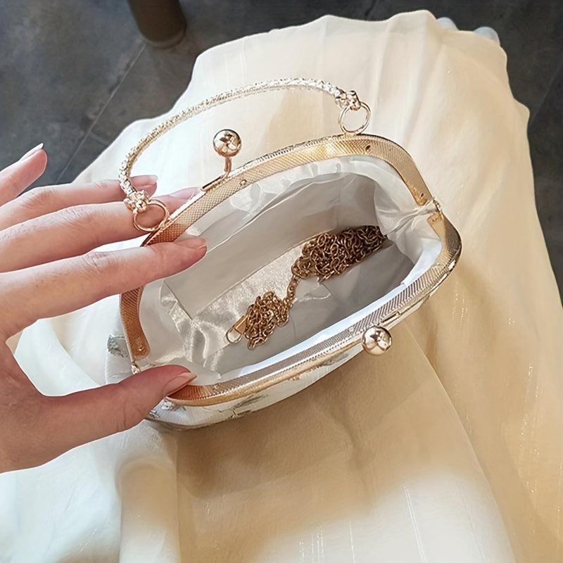 Floral Embroidery Event Clutch Bag Kiss Lock Metal Chain Handbag