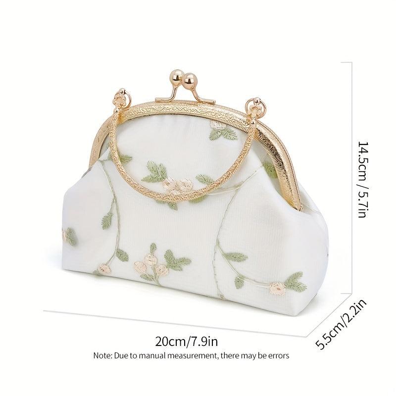 Floral Embroidery Event Clutch Bag Kiss Lock Metal Chain Handbag