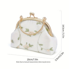 Floral Embroidery Event Clutch Bag Kiss Lock Metal Chain Handbag