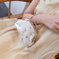 Floral Embroidery Event Clutch Bag Kiss Lock Metal Chain Handbag