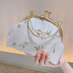 Floral Embroidery Event Clutch Bag Kiss Lock Metal Chain Handbag