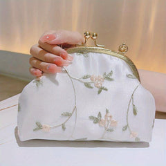Floral Embroidery Event Clutch Bag Kiss Lock Metal Chain Handbag