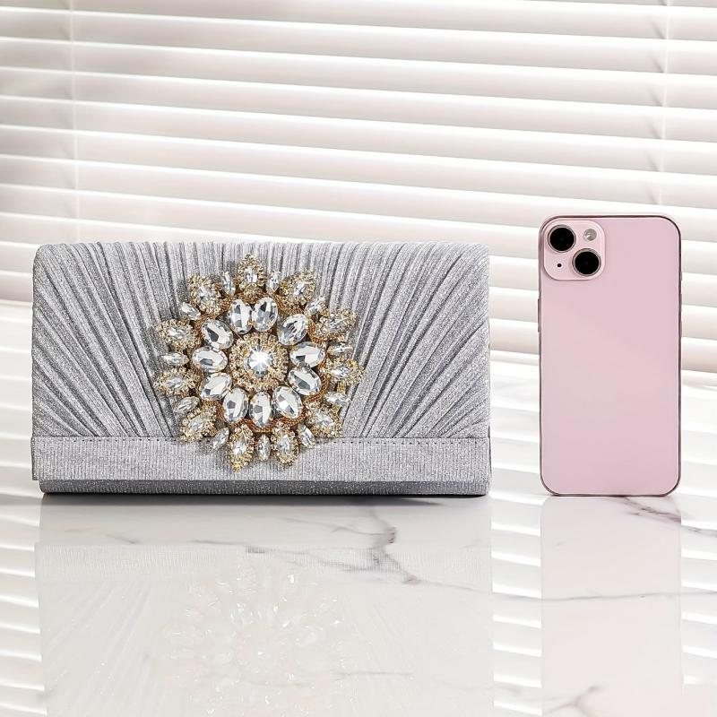 Pleated Rhinestone Chain Clutch Bling Evening Bag