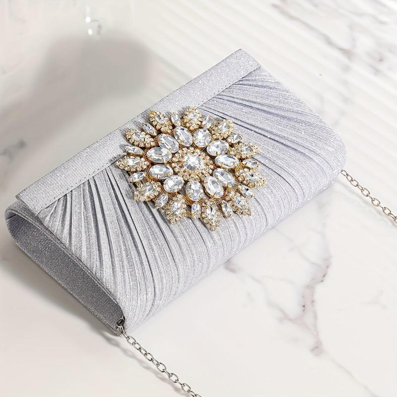 Pleated Rhinestone Chain Clutch Bling Evening Bag
