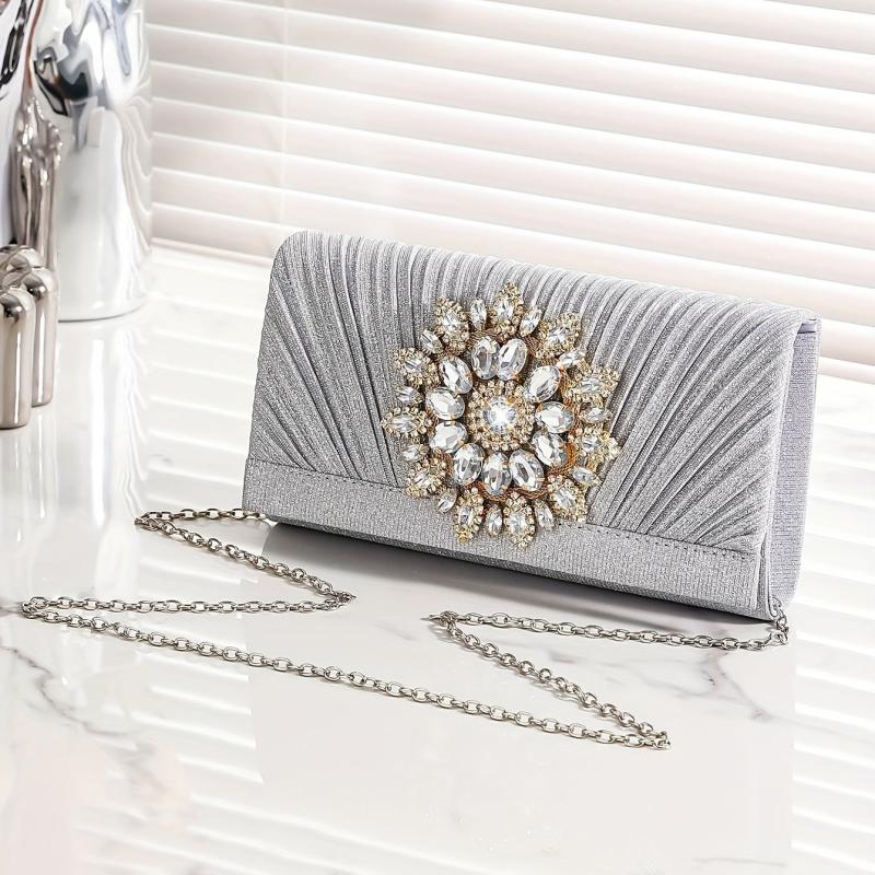 Pleated Rhinestone Chain Clutch Bling Evening Bag