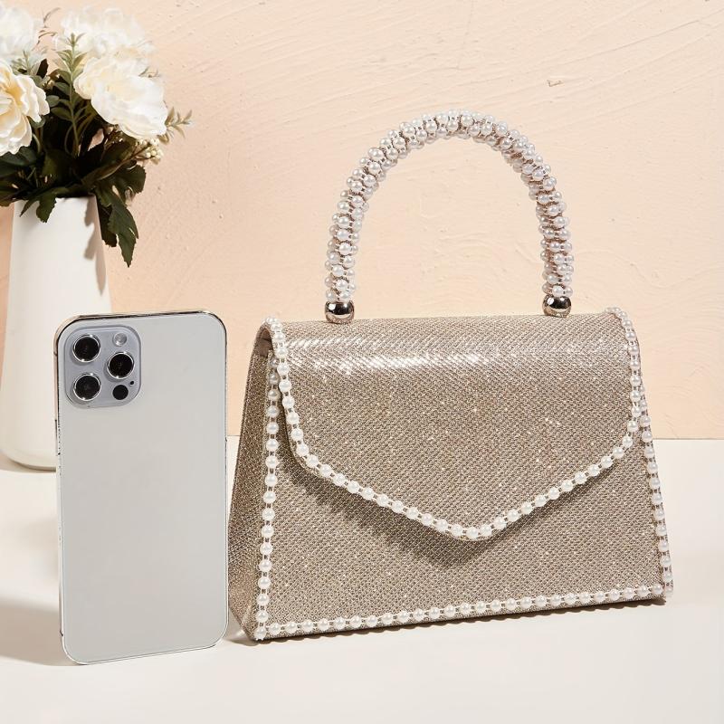 Glitter Satchel Bag Bead Decor Evening Handbag For Party