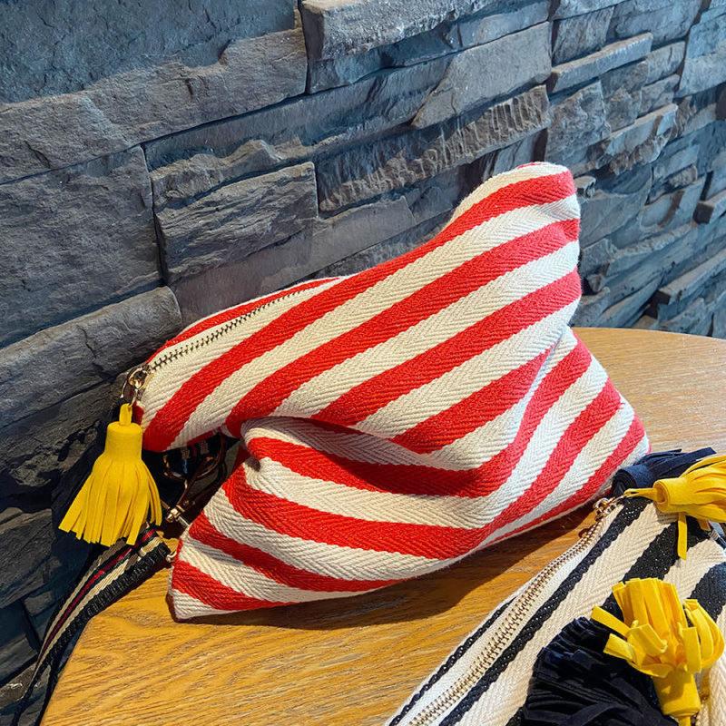 Striped Canvas Clutch Bag with Tassel - Travel Cosmetic Pouch