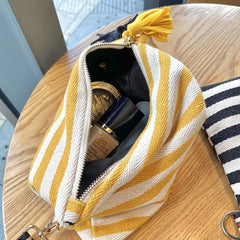 Striped Canvas Clutch Bag with Tassel - Travel Cosmetic Pouch