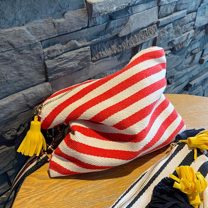Striped Canvas Clutch Bag with Tassel - Travel Cosmetic Pouch