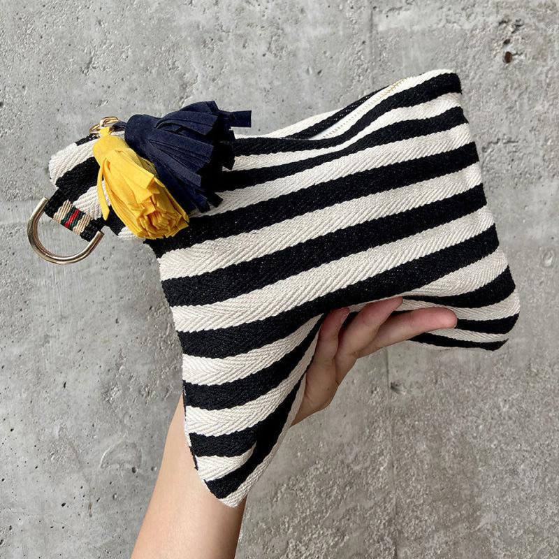 Striped Canvas Clutch Bag with Tassel - Travel Cosmetic Pouch