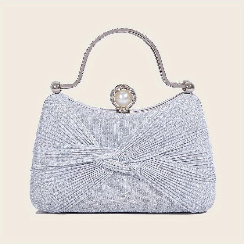 Glitter Ruched Evening Bag Faux Pearl Decor Clutch Purse