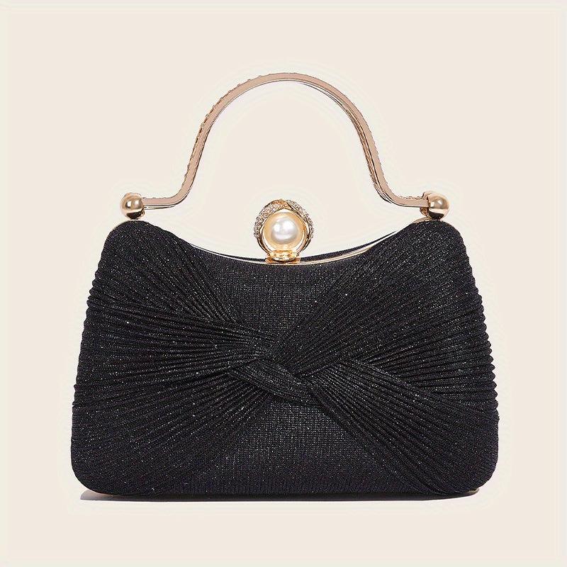 Glitter Ruched Evening Bag Faux Pearl Decor Clutch Purse