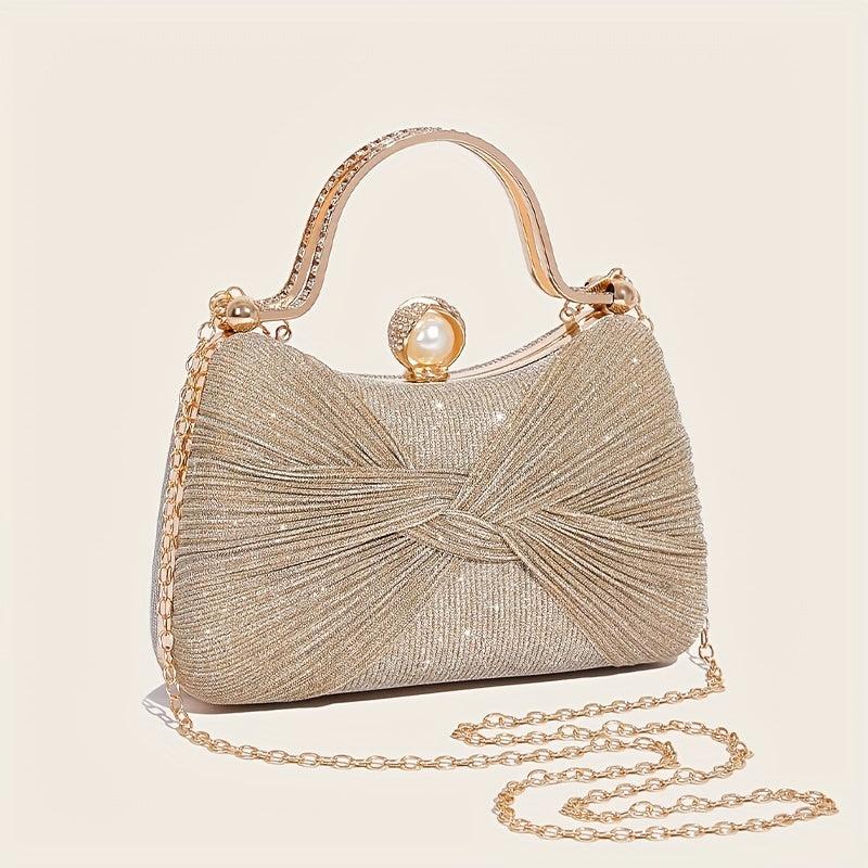 Glitter Ruched Evening Bag Faux Pearl Decor Clutch Purse