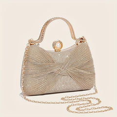 Glitter Ruched Evening Bag Faux Pearl Decor Clutch Purse