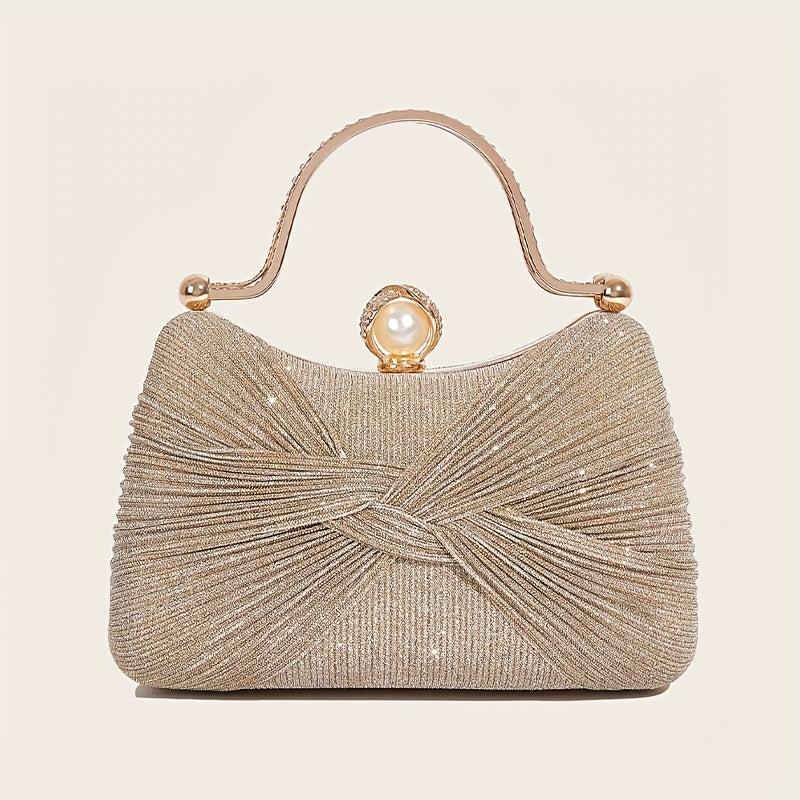 Glitter Ruched Evening Bag Faux Pearl Decor Clutch Purse