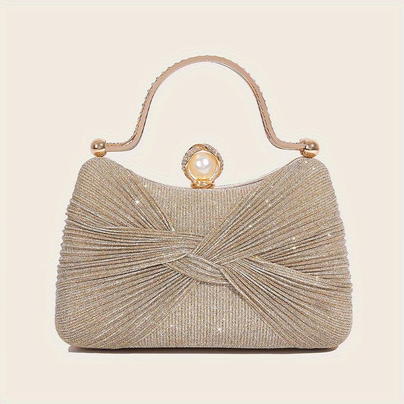 Glitter Ruched Evening Bag Faux Pearl Decor Clutch Purse