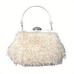 Feather Furry Kiss Lock Metal Chain Clutch Evening Bag