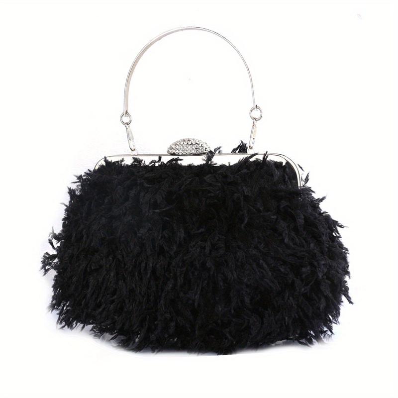 Feather Furry Kiss Lock Metal Chain Clutch Evening Bag