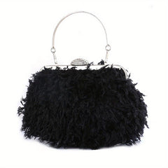 Feather Furry Kiss Lock Metal Chain Clutch Evening Bag