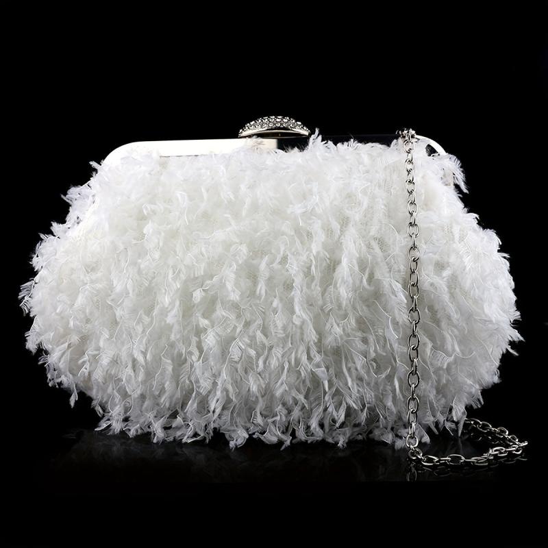 Feather Furry Kiss Lock Metal Chain Clutch Evening Bag