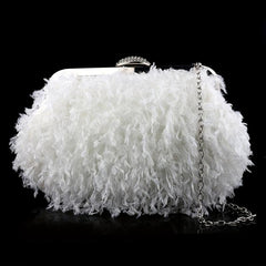 Feather Furry Kiss Lock Metal Chain Clutch Evening Bag