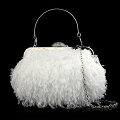 Feather Furry Kiss Lock Metal Chain Clutch Evening Bag